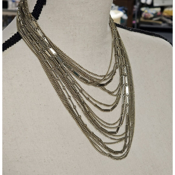Vintage KRAMER GOLD TONE MULTI STRAND 19"-22" NECKLACE Chain Bib Layer Statement - Picture 2 of 6